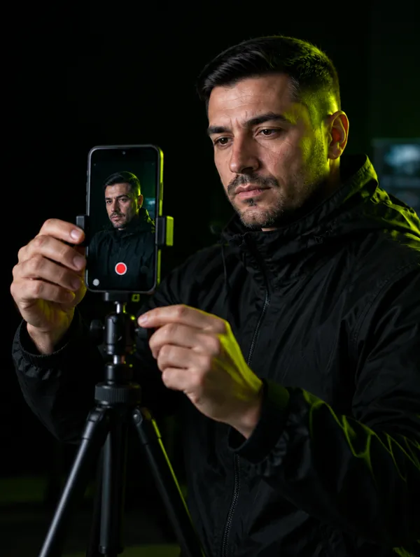 Caio filmando com o celular na vertical num tripé
