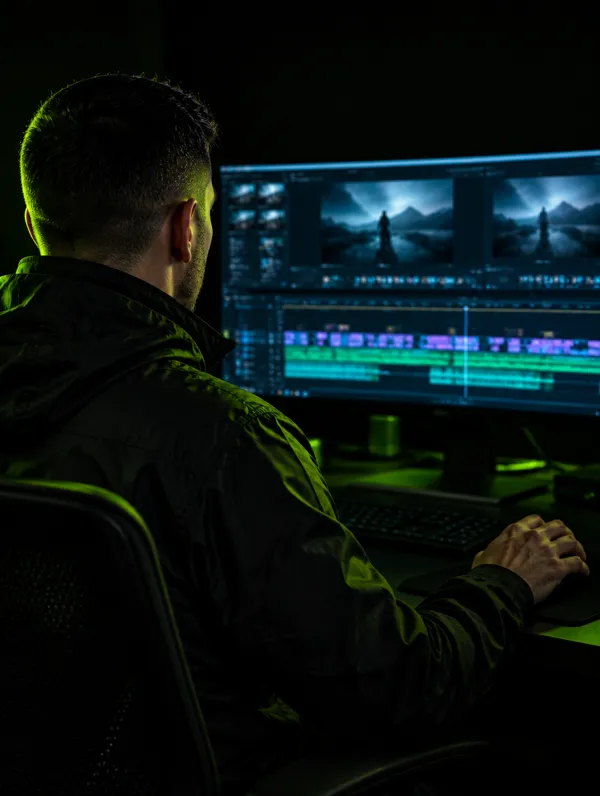 Caio de costas editando um vídeo longo no monitor